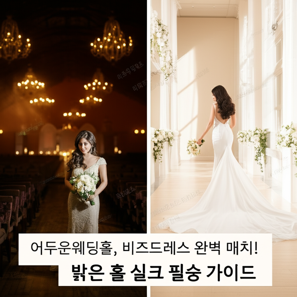 Illustration of 어두운웨딩홀, 비즈드레스 완벽 매치! 밝은 홀 실크 필승 가이드